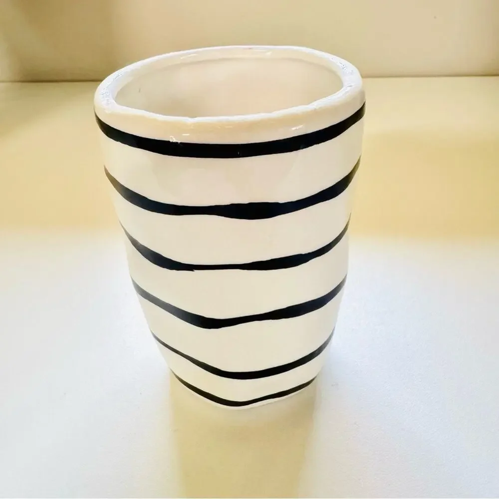 VINTAGE ANTHROPOLOGIE White Black Striped Gloss Ceramic Vase Planter Flower Pot
